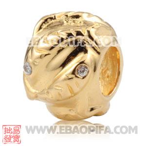 镀金小鱼圆形珠子 潘多拉风格真金18K电镀表面 925纯银珠子 欧洲珠 大孔珠