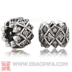 菱形锆石圆珠 镶锆石925纯银珠子 潘多拉风格欧洲珠 外贸大牌珠子 外贸尾货珠子 银珠 义乌珠子 饰品配件