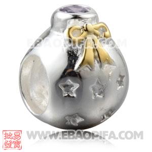 镀金蝴蝶结圣诞球珠子 镶锆石925纯银珠子 欧洲珠