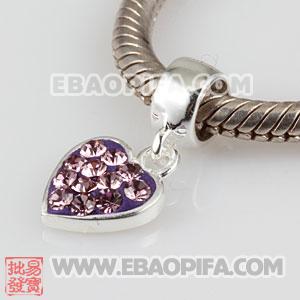 心形奥钻坠子 欧洲珠吊坠 925纯银Charm吊坠 批发charm吊坠