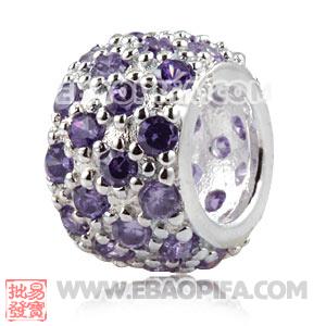 紫色锆石圆点珠子 镶锆石925纯银珠子 欧洲珠