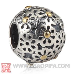 镀金菊花银珠 潘多拉风格真金18K电镀表面 925纯银珠子 欧洲珠 大孔珠