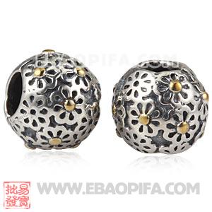 镀金菊花银珠 潘多拉风格真金18K电镀表面 925纯银珠子 欧洲珠 大孔珠