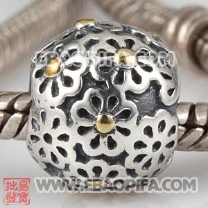 镀金菊花银珠 潘多拉风格真金18K电镀表面 925纯银珠子 欧洲珠 大孔珠