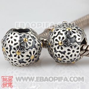 镀金菊花银珠 潘多拉风格真金18K电镀表面 925纯银珠子 欧洲珠 大孔珠