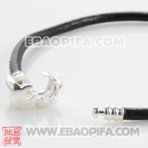 22cm 国产头层牛皮绳 925纯银夹扣头 皮绳手链