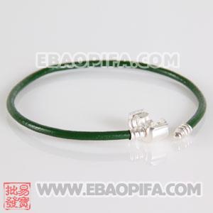 26cm 国产头层牛皮绳 925纯银夹扣头 皮绳手链