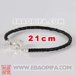 21cm 意大利进口头层牛皮麻花绳 925纯银扣头螺纹链 手链