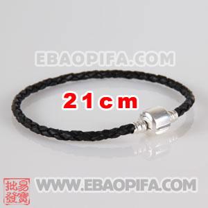 21cm 意大利进口头层牛皮麻花绳 925纯银扣头螺纹链 手链
