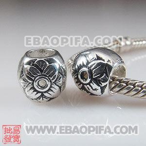 花朵圆珠子 镶锆石925纯银珠子 欧洲珠