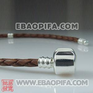21cm 意大利进口头层牛皮麻花绳 925纯银扣头螺纹链 手链