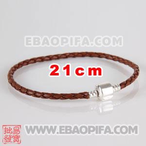 21cm 意大利进口头层牛皮麻花绳 925纯银扣头螺纹链 手链