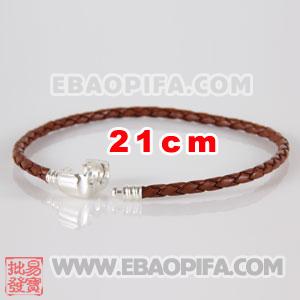 21cm 意大利进口头层牛皮麻花绳 925纯银扣头螺纹链 手链