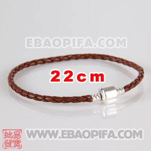 22cm 意大利进口头层牛皮麻花绳 925纯银扣头螺纹链 手链