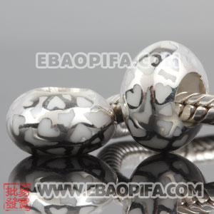 白色心形烤漆圆珠 925纯银彩釉珠子  珐琅烤漆滴油珠子 欧洲珠 大孔珠