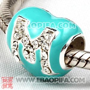 心形字母珠子 批发进口奥地利水钻镶钻 潘多拉风格 925纯银珠子