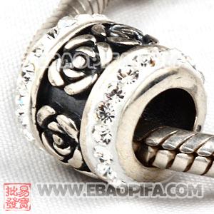 玫瑰花朵珠子 进口奥地利水钻镶钻 潘多拉风格 925纯银珠子