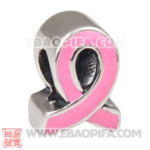 珐琅粉红丝带银珠 彩釉925纯银珠子
