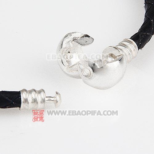 黑色19cm进口皮绳圆形925纯银扣头手链批发 厂家直销
